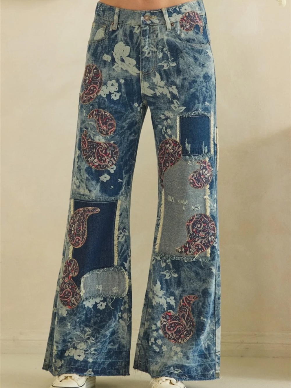 Oli & Hali Floral Print Paisley Patch Wide leg Denim Jeans